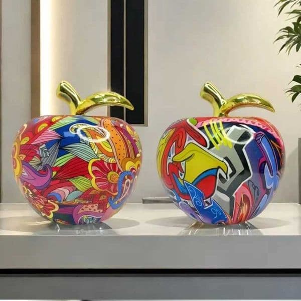 1pc Gorgeous Abstract Apple Statue - Resin Art Decoration Colorful Floral Patterns Home Office Decorations Apple Ornaments L260521