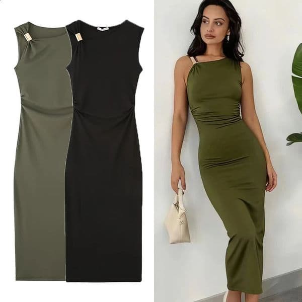 Woman Sexy Sleeveless Long Dresses Asymmetric Summer Waist Tight Dress With Metal Accessories Women Ruffled Bodycon Dresses 260515