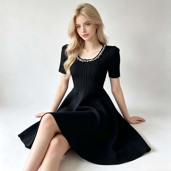 French Soft Light Blue Square Neck Knit Dress, Rhinestone Neckline Fitted A-Line Short Sleeve Flared Dress Skinny Slimming