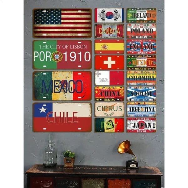 Plaque Tin Sign France Russia Spain Metal Germany USA Country Flag License Plate For Wall Home Restaurant Craft Decor 260520
