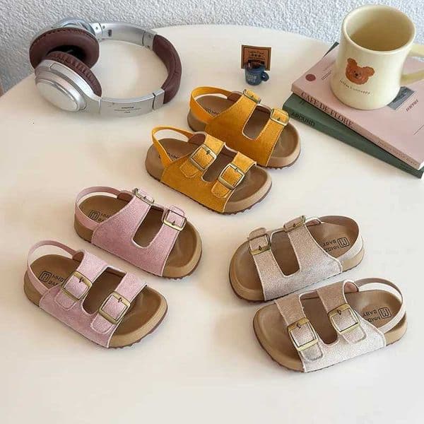 Children Sandals Kids Summer Shoes Soft Suede Leather Open-toed Sandals Vintage Style Boys Girls Sport Sandals Pink YellowR260521