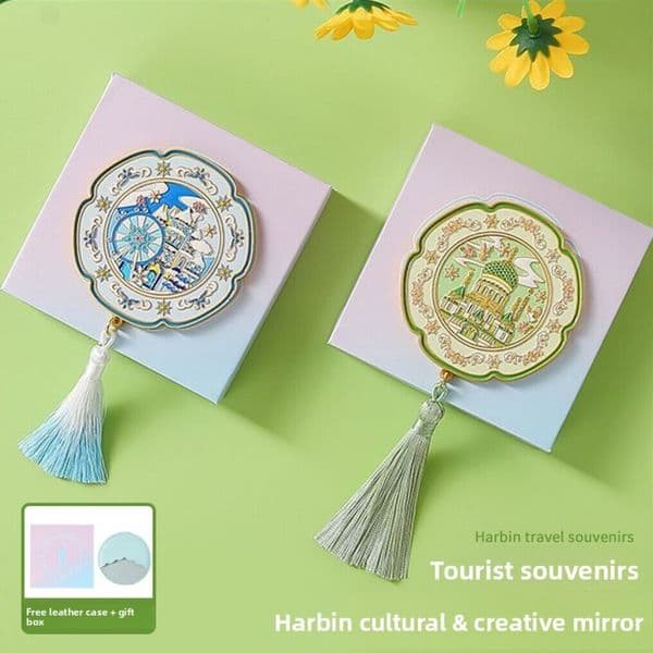 Designer art Harbin Vintage-Style Handheld Small Round Makeup Chinese-Style Portable Mirror, Metal Travel Souvenir Gift Free Shipping 16