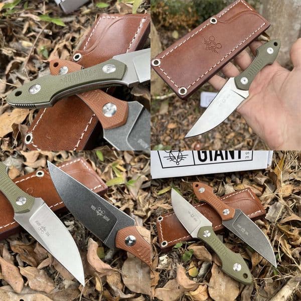 GiantMouse GMF3 Fixed Blade Knife 3.25 8Cr13Mov Satin Drop Point Blade Green/Brown Micarta Handle Leather Sheath Outdoor Tacticals Defense Hunting Camping