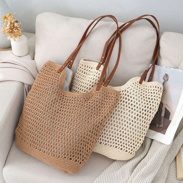 TAURUSCIAGA Women Hollow Cotton Woven Straw Bag Fashion Single Shoulder Handheld Portable Vacation Beach Daily Casual Wholesale Purse Female Knitted Bag