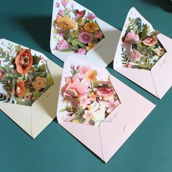 Romantic Flower Birthday Christmas Card 3D Popup Greeting Cards Set Postcard Party Wedding Decor Creative Gifts 260520