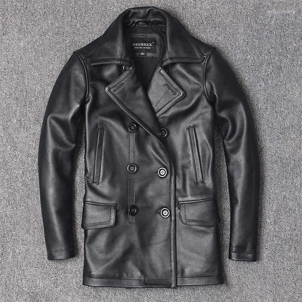 Men's Jackets Genuine Leather Jacket Top Layer Cowhide Mid-Length Lapel Windbreaker Slim-Fit Double-Breasted
