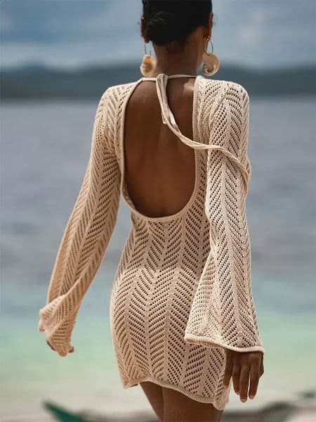 Solid Knit Beach Swimsuit Cover Up Summer 2026 Women Sexy Backless Tassel Lace-up Cut Out Bell Long Sleeve Mini Dress Tunic K110 260520