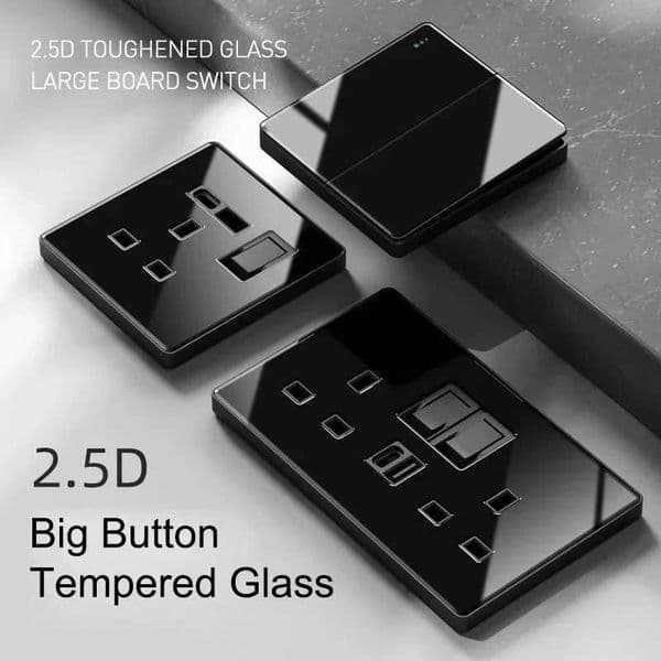Black Glass 1 2 3 4 Gang 1 2 Way Big Panel Switch with LED Fast Charge 13A UK EU Universal Socket with USB TypeC TV Data Outlet T260520
