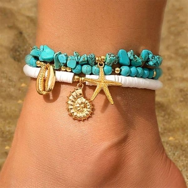 SHIXIN 3Pcs Irregular Green Natural Stone Bead Anklet Set for Women Boho Conch Starfish Feet Chain Bracelet Summer Beach Jewelry 260518