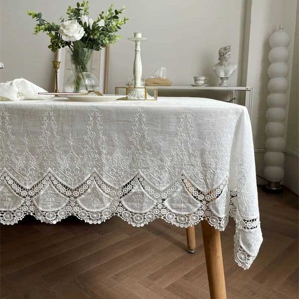 French White Lace Flower Embroidery Cotton 100 Tablecloth Luxurious Table Cover for Wedding Party Decoration Feast Table Cloth L260521