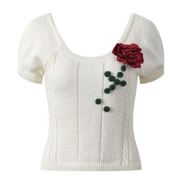 Elegant Knit Sweater with Rose Applique, U-Neck Short Sleeve Top for Women