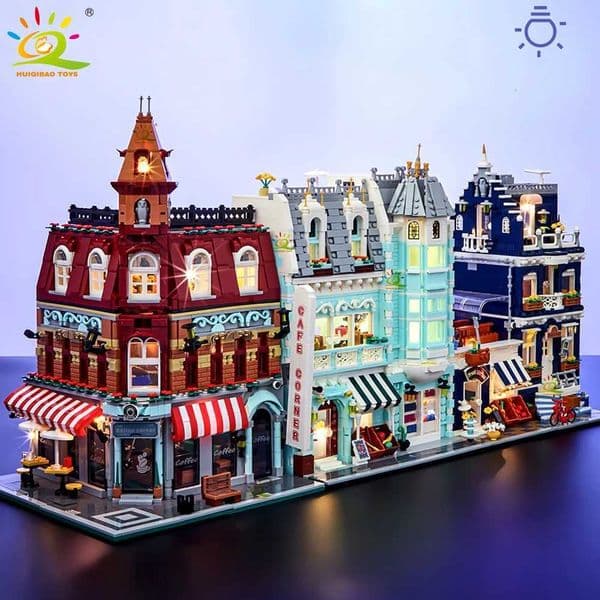 HUIQIBAO Toys MOC City Corner Coffee Shop Architecture Style Street View Micro Building Blocks for Children Construction BricksJ260521