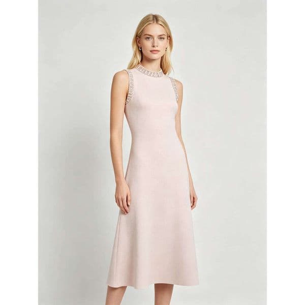 French Elegant Blush Beaded Knit Dress, High Neck Sleeveless Fitted A-Line Evening Gown Daily Office Lady