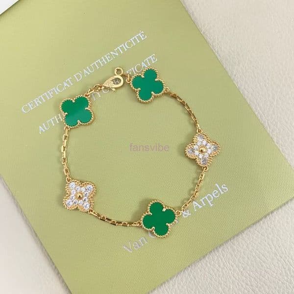 Vanly Cleafs Bracelet Five-Flower Green Chalcedony Interlaced Diamond Bracelet for Women Rose Color Full Diamond