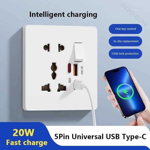 Universal 3/5Pin Smart Socket With 20W Fast Charging Type-C PortUK Plastic Electrical Wall Double USB Power Outlet AC 110V-250V T260520