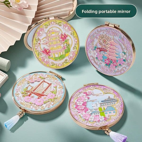 Wuhan Landmark Folding Makeup Mirror, Chinese Style Portable Travel Mirror with City Attractions & Floral Embossed Design, Cultural Souvenir