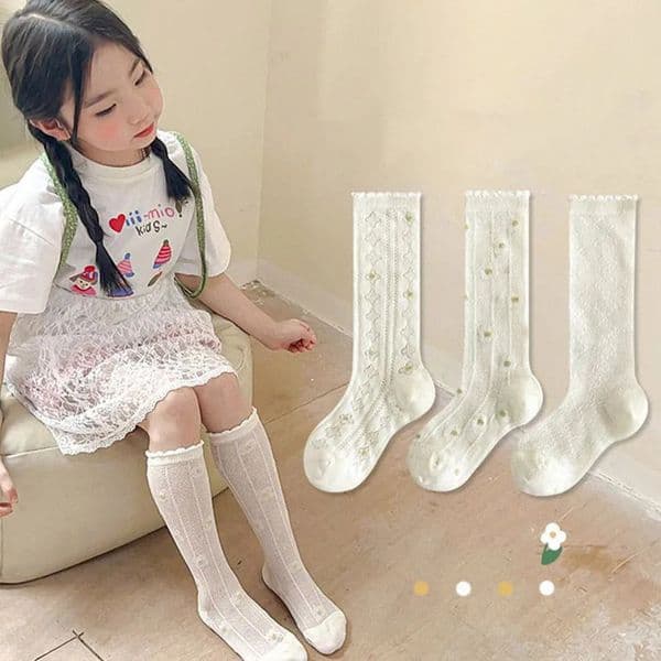 3Pairs/Set White Floral Baby Girls Socks Summer Breathable Mesh Knee High Sock Korean Kids Princess Ruffle Long Socks260514