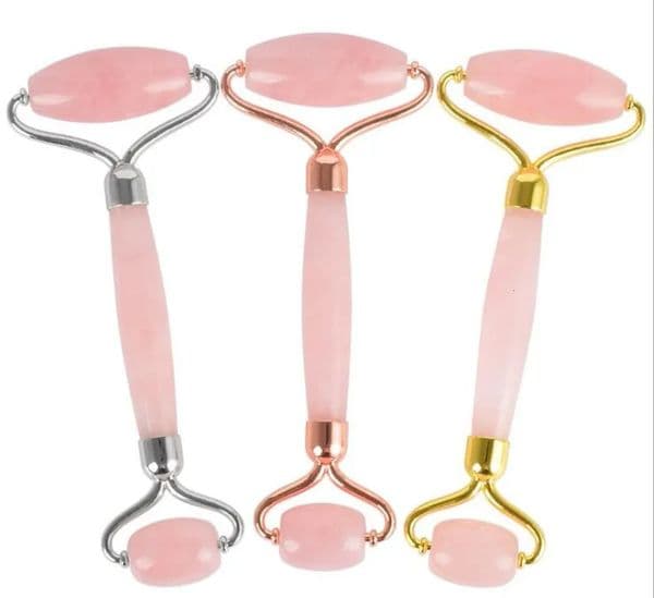 Designer Natural Tumbled Chakra Rose Quartz Carved Reiki Crystal art Healing Gua Sha Beauty Roller Facial Massor Stick With Alloy Gold-Plated Free Shipping 14