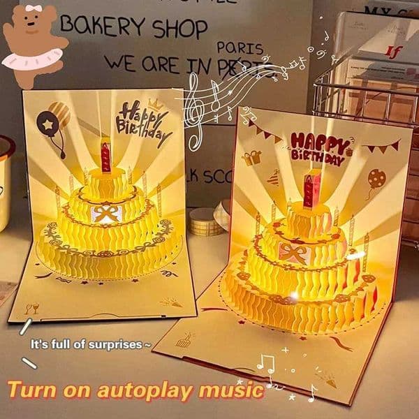 3d Musical Birthday Cake Card Led Light -up Greeting Cards With Envelope For All Occasion Girl Kid Wife Postcards L260520