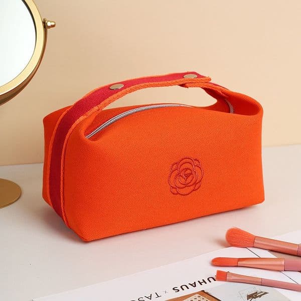 Canvas Makeup Bag With Embroidery Detail And Top Handle Portable Zippered Cosmetic Organizer