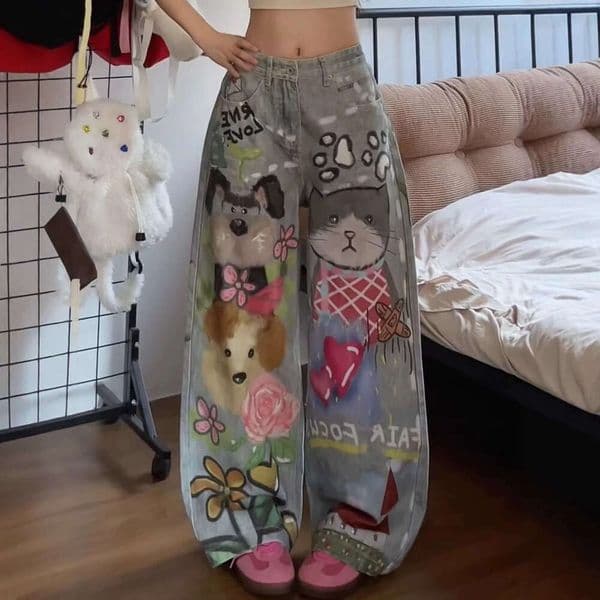 American Retro Fun Cat Dog Hand-Painted Graffiti Jeans For Men And Women, Street Style Loose Straight Wide-Leg Pants Trendy LEEGO LENS