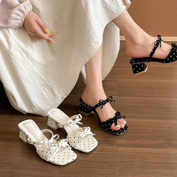 Butterfly-knot Polka Dot Women Slippers 2026 Summer Thick Heel Shoes Street Style Open Toe Vacation Party Dress Slides 260518