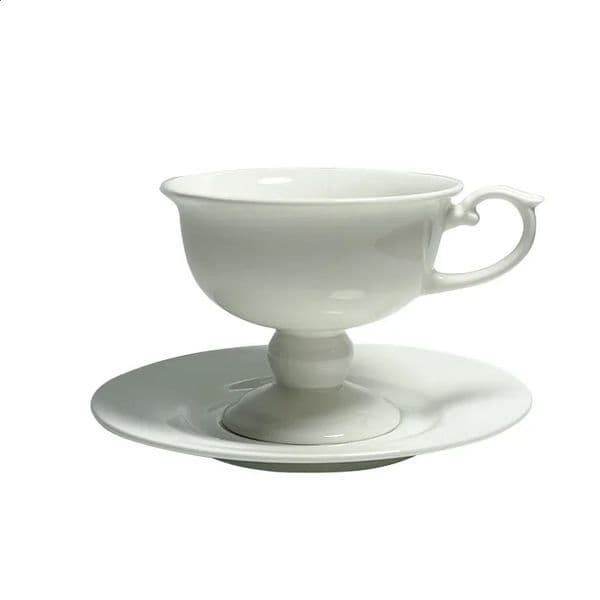 European Style Medieval Bone China Coffee Cup Plate High Legged Ceramic Pure White English Afternoon Saucer 260520