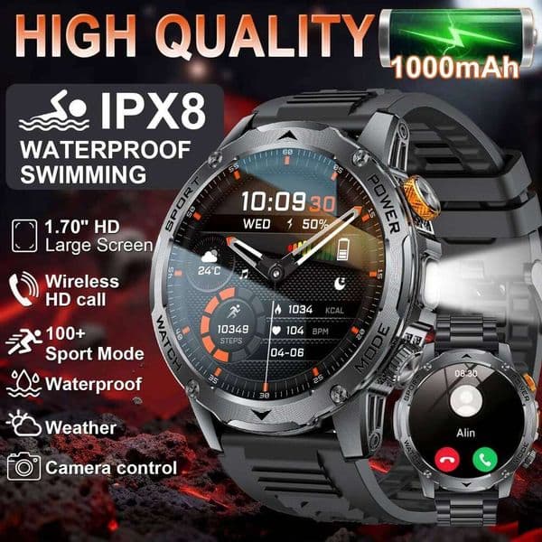 2026 New Military 1000mAh Battery Smart Watch Men IP68 Waterproof LED Flashlight Heart Rate Monitoring Sports Tracker Smartwatch
