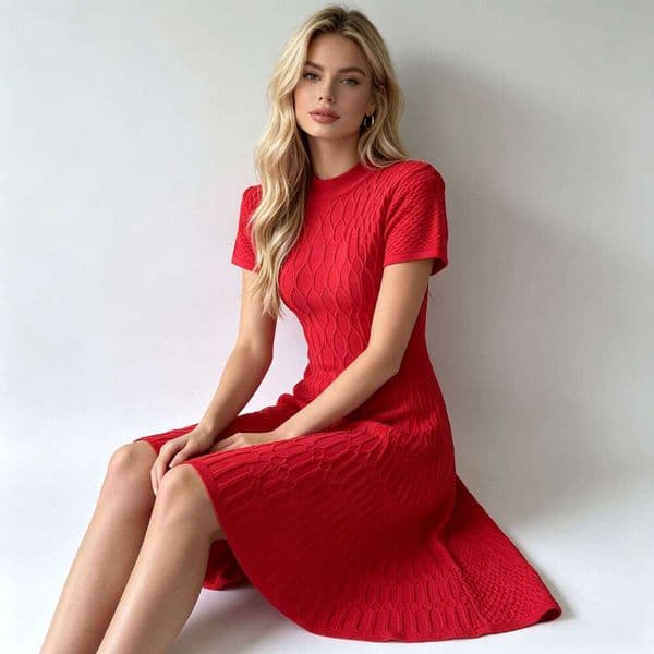 French Elegant Red Diamond-Pattern Knit Dress, Mock Neck Fitted A-Line Short Sleeve Flare Dress Beach Holiday Style