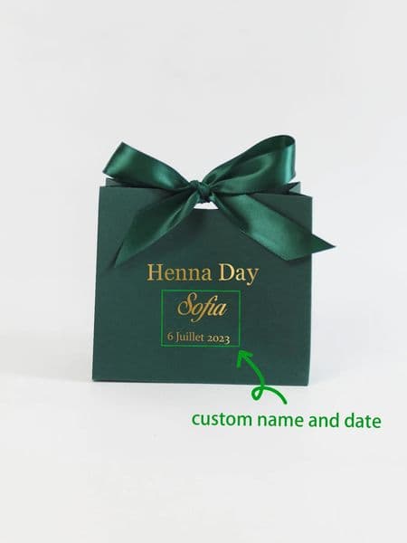 Customizable Henna Day Mini Gift Boxes with GoldGreen Satin Ribbon Personalized Name and Date Perfect for Wedding Favors 260521