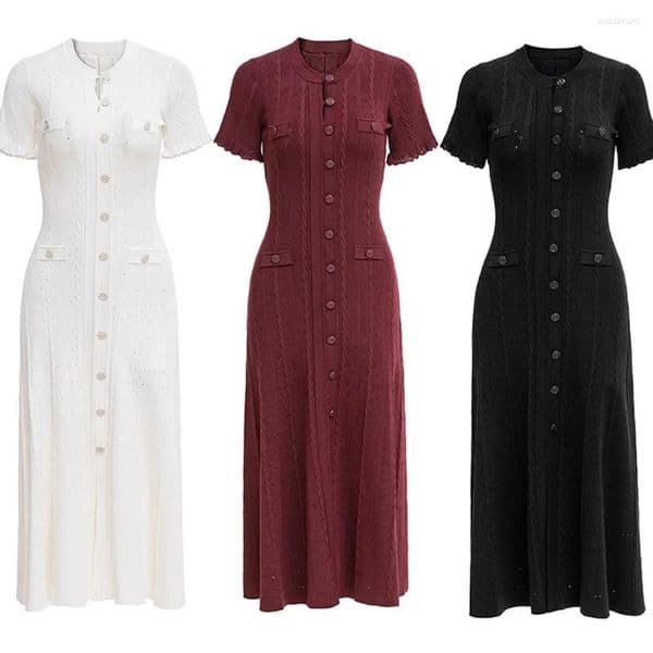 Casual Dresses Summer Solid Round Neck Short Sleeved Office Lady Knitted Dress Women Korean Single Breasted Hollow Out Long Fashion Trend