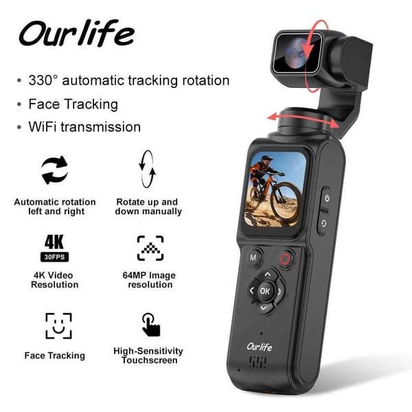 Ourlife 4K Action Camera 330 Face Tracking Gimbal Stabilizer 172 Inch Touch Screen 64MP Pocket Digital Camera WiFi Sports Cam T260521