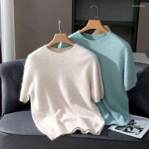 Men's Sweaters Mink Cashmere Knit Sweater T-Shirt Spring Summer Loose O-Neck Solid Color Casual Business Base Pullover Short Sleeve
