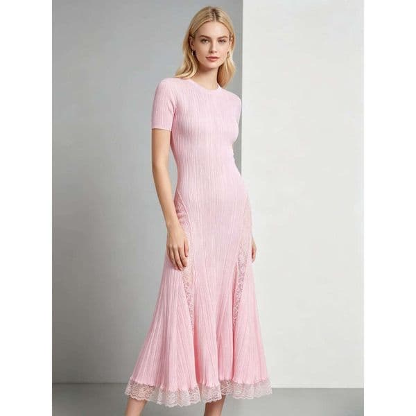 2026 New Summer Knit Midi Dress Women Pink Ribbed with Lace Side Panels & Hem Trim Short Sleeve Maxi Long Dress
