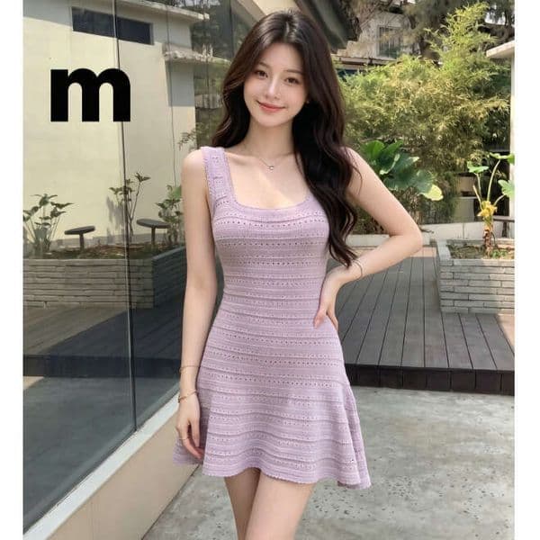 French Soft Lavender Square Neck Knit Tank Dress, Hollow Texture Fitted A-Line Mini Dress Floral Print Sweet