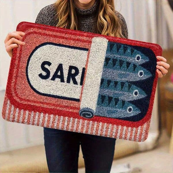 Sardine Can Doormat Red White Pattern Flannel Rug Thickened Absorbent Non-Slip Door Carpet for Entryway L260519
