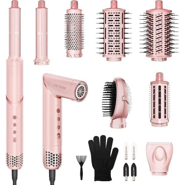 8-in-1 Foldable Hair Styler and Dryer with Ionic Technology for Fast Drying, Curling, Straightening in Pink 26Y0521