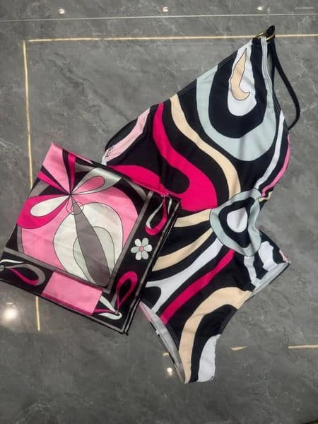Women's Swimwear Color-Block Art Ripple One-Piece Swimsuit With Matching Printed Silk Scarf Retro Modern Design For Swimming Pool