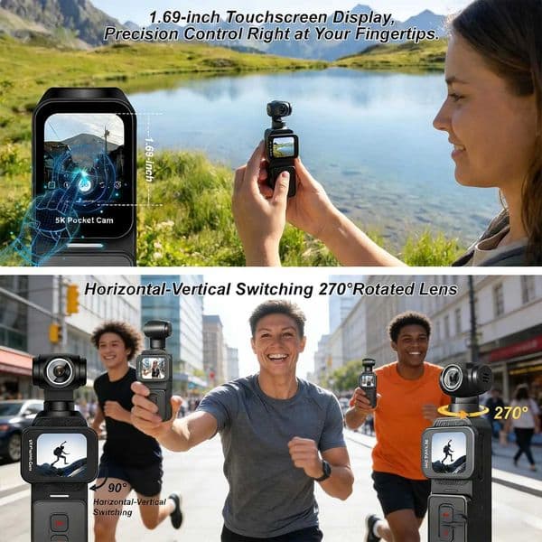 5K HD Handheld Camera 270 Auto-Rotating Wide-Angle Lengs Action Camera Portable Pocket Cam for Travel Sports Vlog Recorder T260521Y2CY