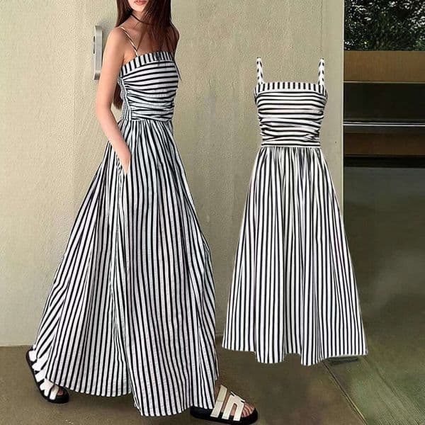 Cross-border European and American summer new striped strap for women, elegant waist-cinching off-shoulder strapless long dress
