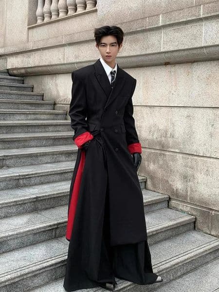 Men's Trench Coats Red Inner Mid-Length Overcoat Winter High-End Feeling Cool Briti Sle Woolen Bla Jaet Trendy Long Coat