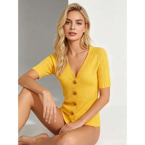 2026 New Summer Knit Cardigan Women Yellow Ribbed with Gold Tone Buttons & V-Neck Short Sleeve Blouse Sleeve Casual Daily