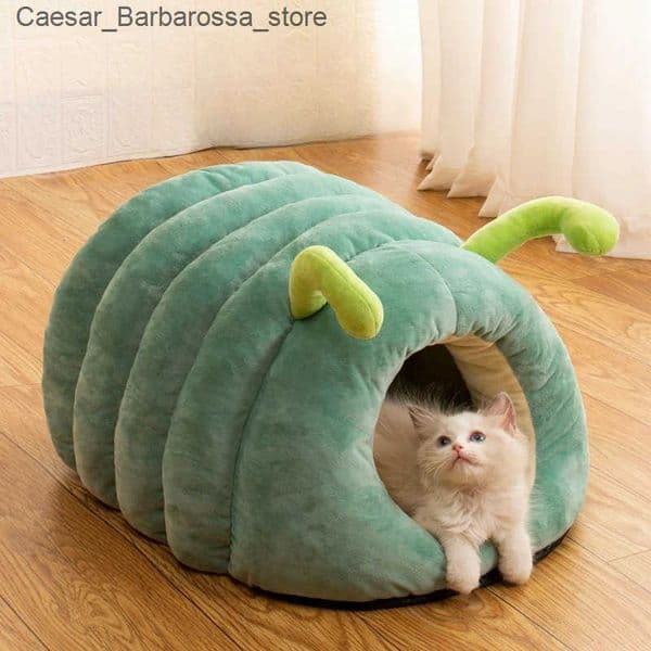 Cute Pet Nest Warm Soft Plush Cat Bed Cartoon Caterpillar Warm Thick Dog House Cat House Foldable Washable Pet Supplies Cat TentL260521DABE