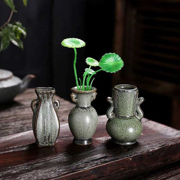 1Pcs Ceramic Miniature Vase Green Retro Flower Vase Crafts Tabletop Ornament Hydroponics Chinese-style Living Room Decoration L260521