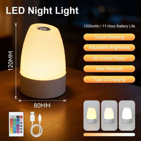 Touch Night Lamp Dimmable Rechargeable Type-C Table Lamp for Bedroom Living Room Remote Control Decor 3 Colors Night Lamp 2W C260521