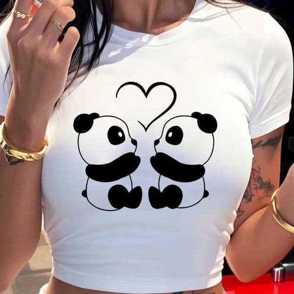 Cute Panda and Heart Print Sexy Crop Tops 90s Graphic Tshirt for Woman Crew Neck Short Sleeve Cropped T Shirt Womens Clothes Z260521