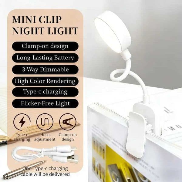 Mini LED Clip On Book Light Portable Reading Light USB Rechargeable 3 Color Eye Protection Stepless Dimmable Mini Desk Lamp C260521