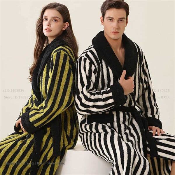 Fashion Stripes Flannel Couple Long Robe Sleepwear Winter Warm Women Nightgown Bathrobe Loose Thick Coral Fleece Homewear Pajama X260520