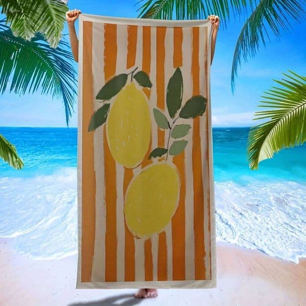 Lemon Print Beach Towel, Oversized Quick Dry Microfiber, Sand Free, Perfect for Beach, Pool, Travel, Summer Gift, Tropical Vibe 26Y0518