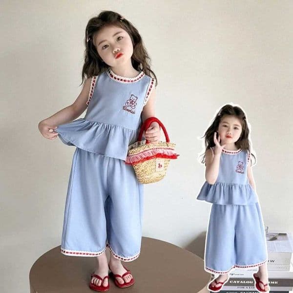 Lace Round Neck Sleeveless Cartoon Solid Color TopWide Leg Pants Korean Fashion Set 2026 Summer Girls Clothing 2-7 Years OldT260521